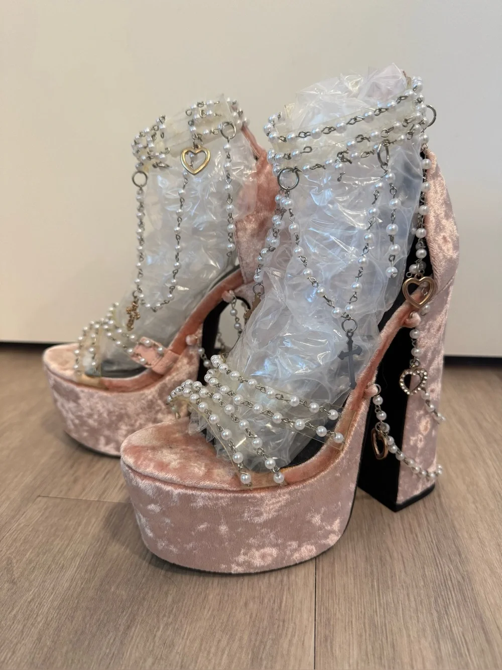 Dolls Kill Pink Velvet Pearl & Heart Chain Platform Heels